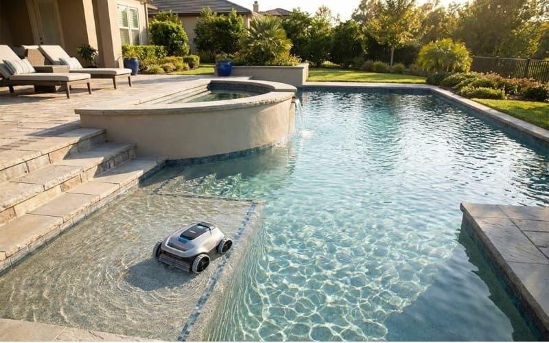 A cordless robotic pool cleaner moving flexibly through different areas of a residential swimming pool